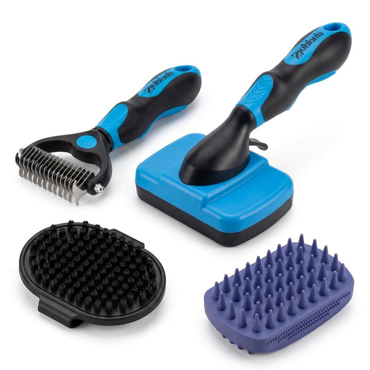 PETIMP STORE 4PCS Self Cleaning Slicker Brush, Pet Grooming Rake, Bath Brush & Massage Brush for Short/Long Haired Dogs, Cats & Horses, Pet Grooming Deshedding Tools - Pet Supplies (White Black)