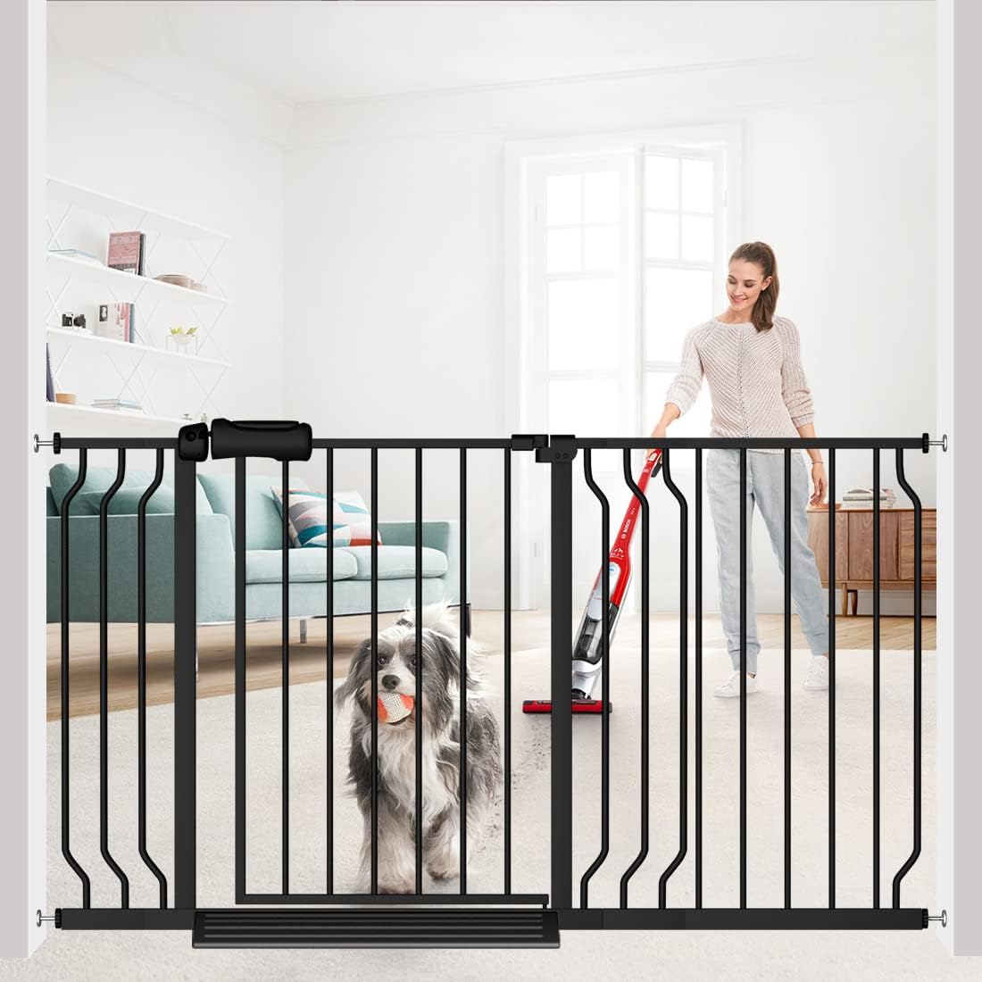 Extra Wide Baby Gate 57.5-62 Inch Black Walk THR Dog Gates Doorways House No Drill Pressure Mounted Auto Close Long Child Safety Gate for Kids and Pet