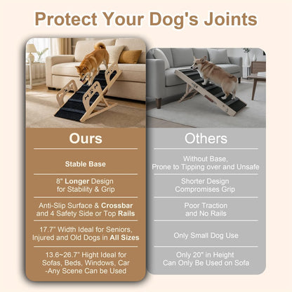Dog Ramp for Bed, 43.5" Long Wooden Foldable Dog Ramp, 6 Adjustable Heights from 14" to 26" with Anti-Slip Traction Mat, Portable Pet Ramp for Car, Bed, Couch, Max 200lbs - 43.5inch
