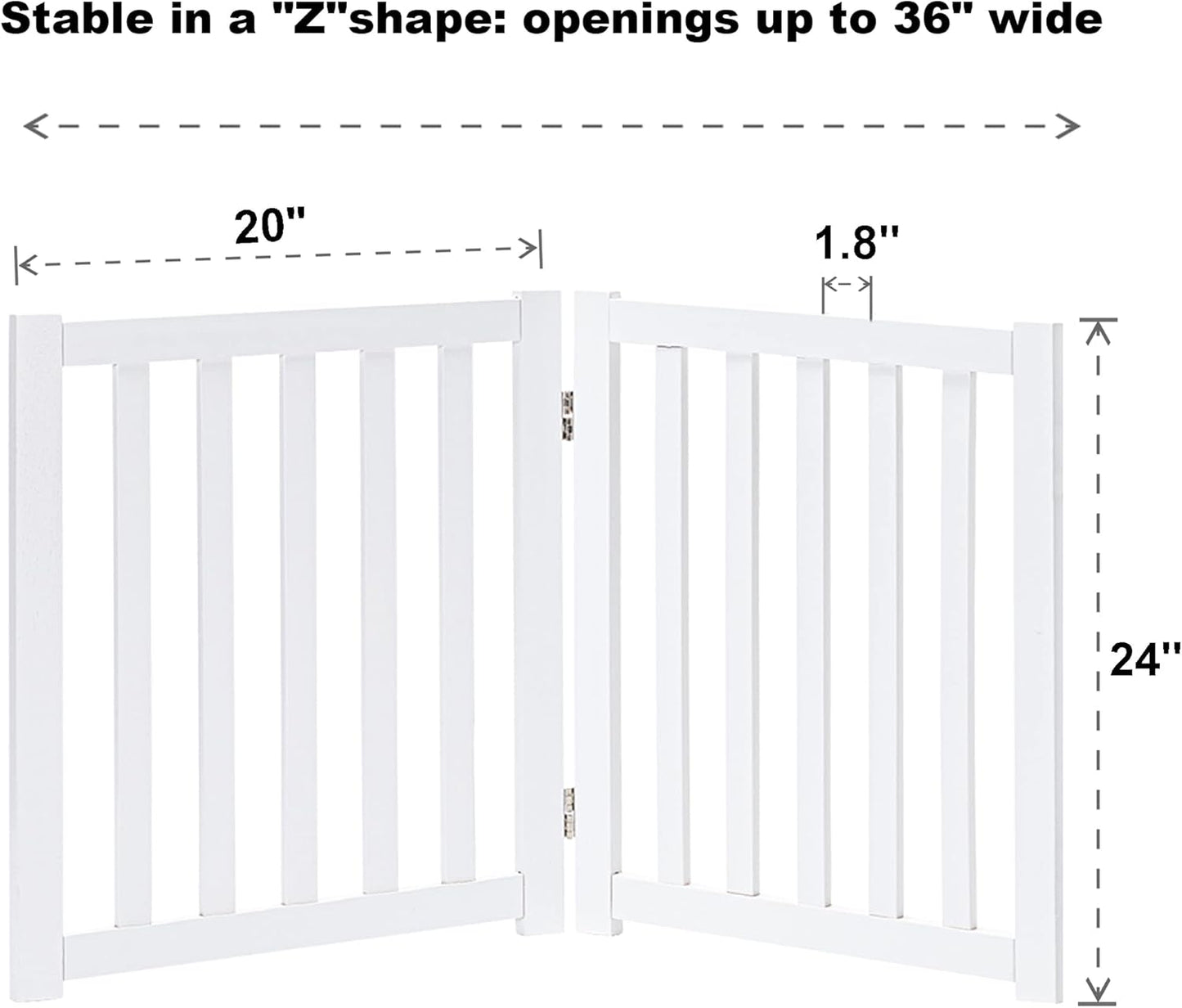 LZRS 2-Panel Wooden Free Standing Foldable Dog Gate Indoor – Solid Hardwood 24" High, Step-Over Safety Pet Gate for Doorways, Stairs & Small Spaces - Indoor Use, White