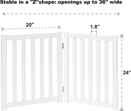 LZRS 2-Panel Wooden Free Standing Foldable Dog Gate Indoor – Solid Hardwood 24" High, Step-Over Safety Pet Gate for Doorways, Stairs & Small Spaces - Indoor Use, White