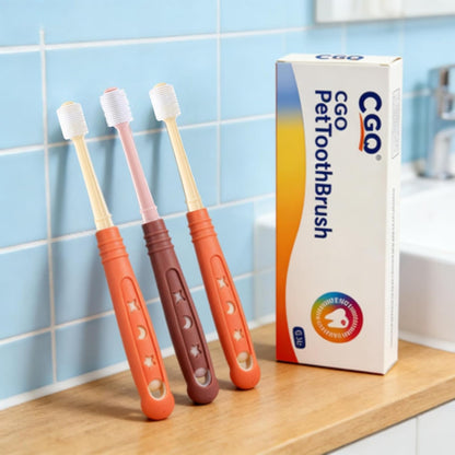 CGO 360° Silicone Pet Toothbrush - Dog Toothbrush for Small Dogs & Cats, 4-Pack Round Head, Extra Soft Bristles, Dental Cleaning and Oral Hygiene for Puppies and Kittens (2 Orange, 2 Brown)