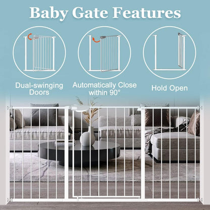 WAOWAO Triple Lock 49.21-66.54" Baby Gate Extra Wide Pressure Mounted Walk Through Swing Auto Close Safety Black Metal Dog Pet Puppy for Stairs,Doorways,Kitchen