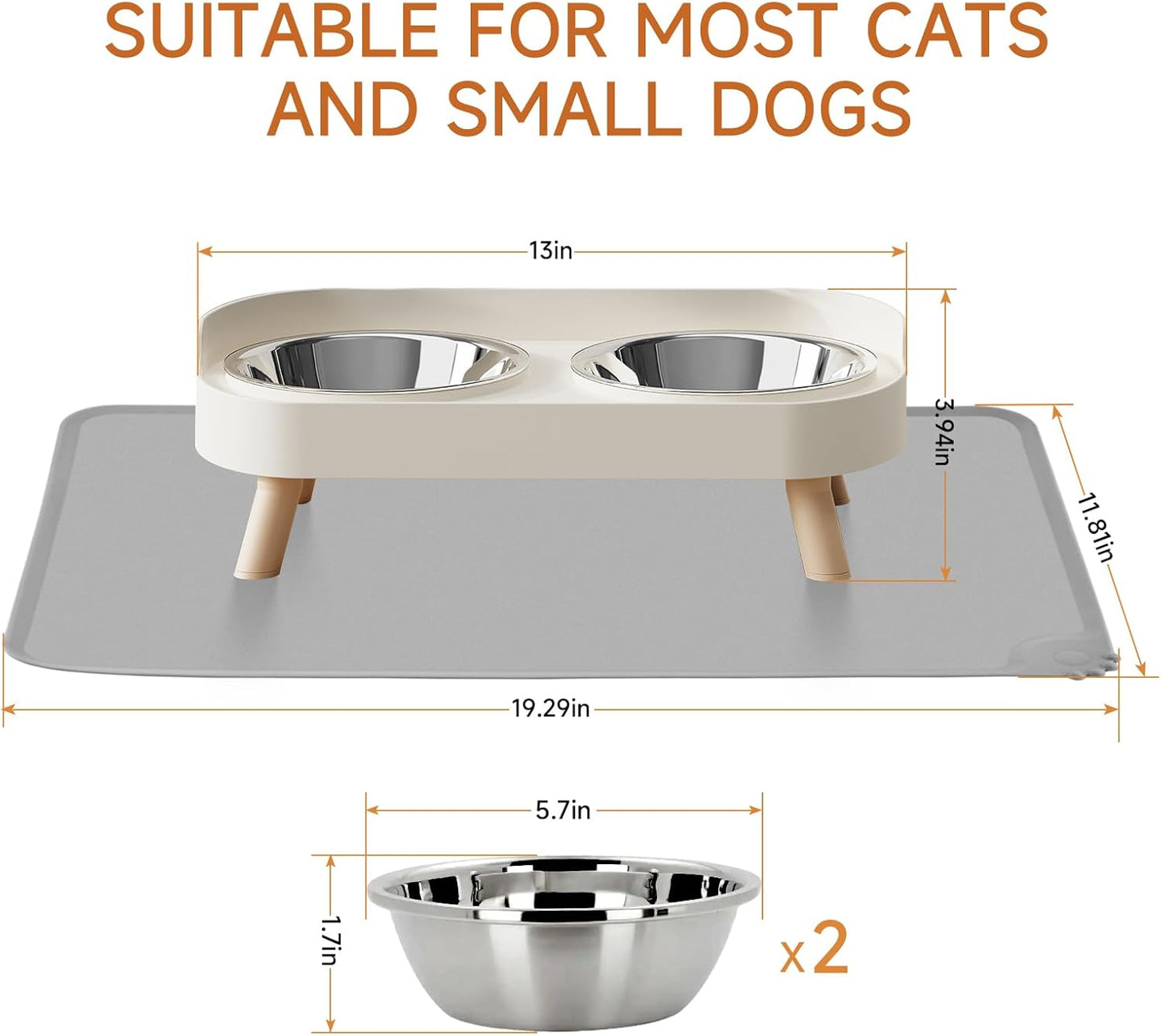 Elevated Cat Bowl, Raised Cat Food and Water Bowl Set for Indoor Cats, Splash Proof with 2 Stainless Steel Pet Food Bowls for Cats and Puppies, Whisker Fatigue and Dishwasher Safe - White
