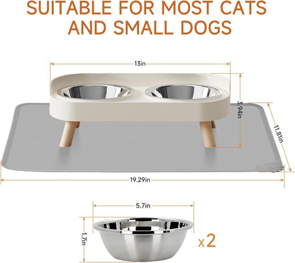 Elevated Cat Bowl, Raised Cat Food and Water Bowl Set for Indoor Cats, Splash Proof with 2 Stainless Steel Pet Food Bowls for Cats and Puppies, Whisker Fatigue and Dishwasher Safe - White