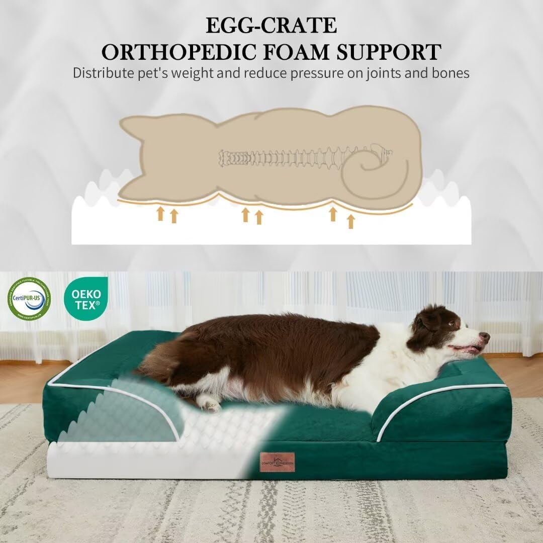 Comfort Expression Orthopedic Dog Bed for Extra Large Dogs 42x30 Inch, Waterproof Egg Crate Foam XL Pet Bed with Removable Bolsters, Dog Couch with Washable Cover & Non-Slip Bottom, Grey - Colors A