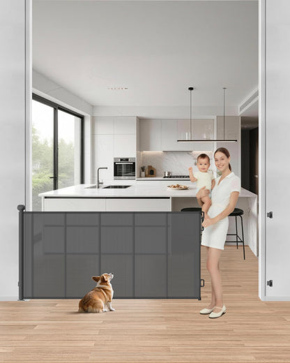 Retractable Baby Gate, 55" Wide Mesh Gate with 4 Reinforced Rods, Prevents Kids & Dogs from Crawling Under, 34" Tall Easy-to-Use Pet Gate for Stairs, Bedrooms, Hallways, Indoor/Outdoor, White