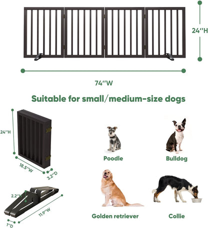 Freestanding Foldable Dog Gate - 4 Panel Room Divider with Metal Support Feet (Black)