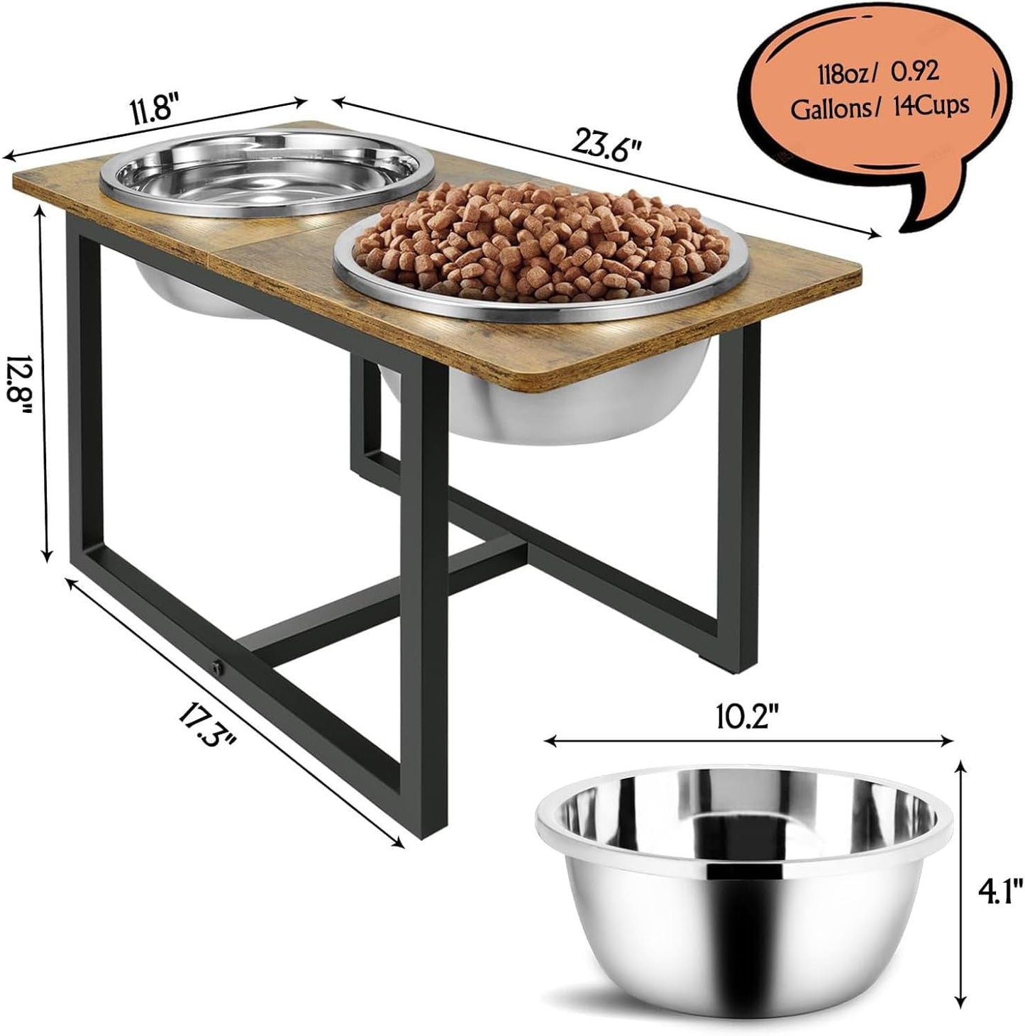 Spacnom Elevated Dog Bowls for Large Dogs, Raised Dog Bowl Stand with Two X-Large Stainless Steel Bowls for Dogs, 3.5L Capacity, Rustic Walnut