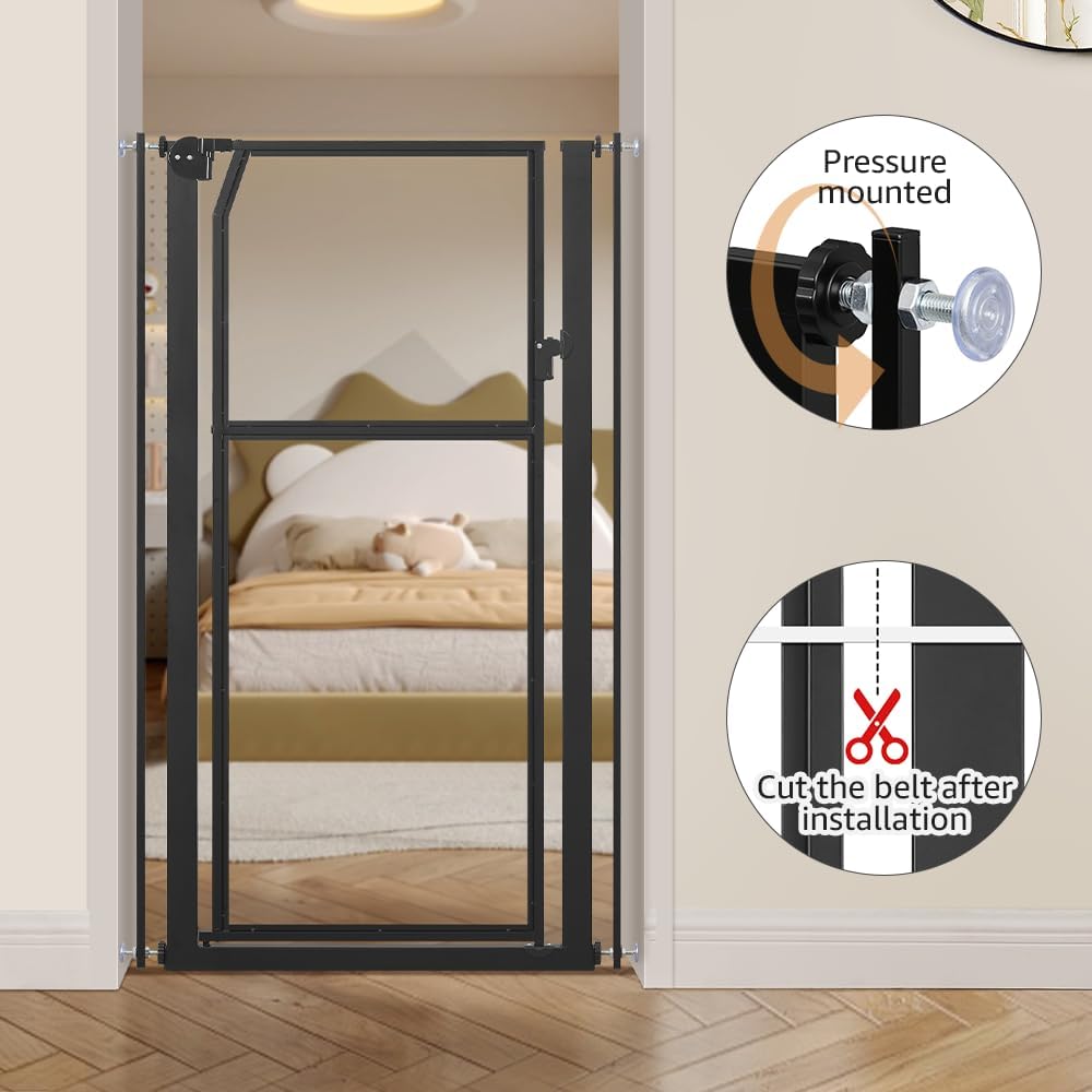 unipaws 56" Extra Tall Pet Gate, Clear Transparent Tall Cat Gate, 29.5-33.5" Wide No Drilling Pressure Mounted Dog Gate for Doorway, Hallway, Stairs, White