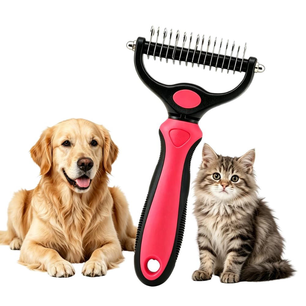 Pet Grooming Tool for Dogs & Cats, Double Sided Deshedding Brush with Undercoat Rake, Dematting Comb for Long Thick Coats, Pet Hair Removal Grooming Comb for Shedding & Detangling (1, Blue, Large)