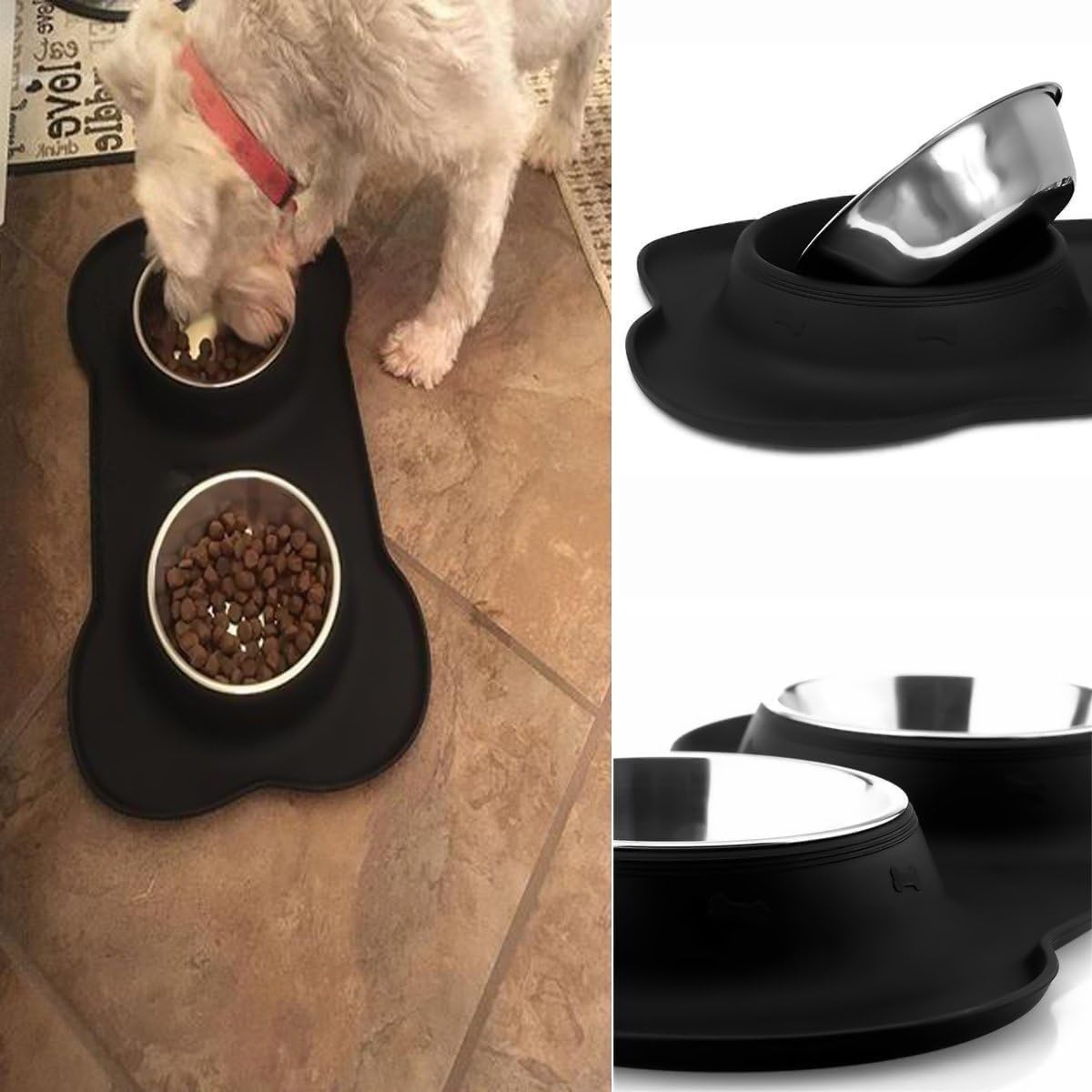 AsFrost Dog Food Bowls Stainless Steel & Water Dish with No-Spill and Non-Skid, Feeder Bowls with Dog Food Dish for Small Medium Large Size,Dogs,Cats,Puppy Pets, Black, 12oz