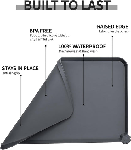 Reopet Waterproof Pet Feeding Mat, Non-Slip Silicone Placemats for Dog Cat Food and Water Bowl, High Raised Edges to Prevent Spills and Protect Floors