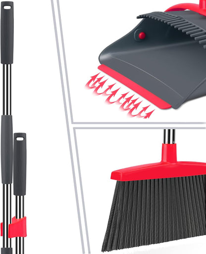 Ivandar Broom with Dustpan Combo Set, 50.6 inch Long Handle, Upright Standing Broom and Dustpan Set Quiet Cleaning Tool Sweep the Floor Dust pan Removes 4 Times More Pet Hair(Brown and Gray)