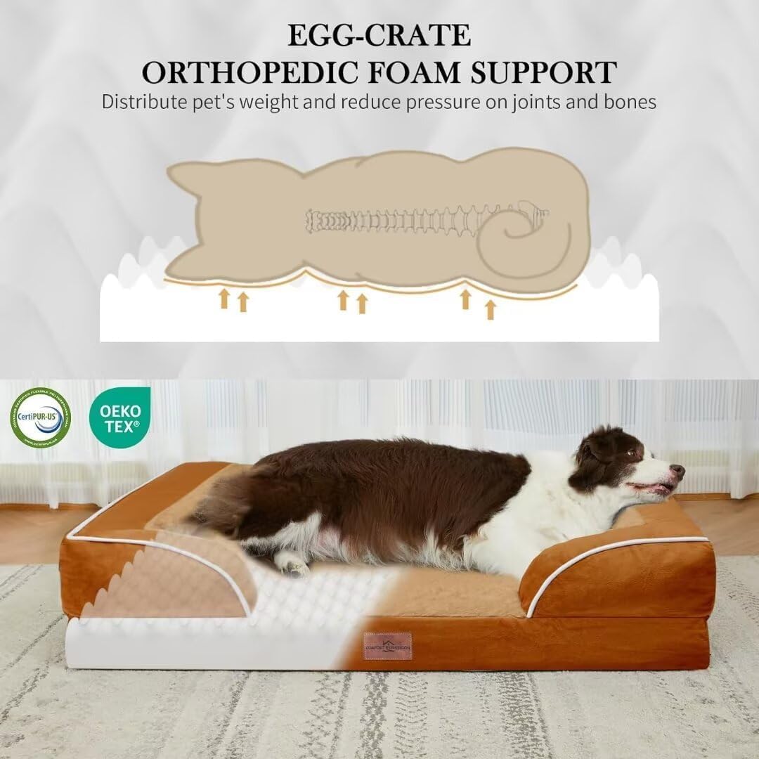 Comfort Expression Orthopedic Dog Bed for Extra Large Dogs 42x30 Inch, Waterproof Egg Crate Foam XL Pet Bed with Removable Bolsters, Dog Couch with Washable Cover & Non-Slip Bottom, Grey - Colors A