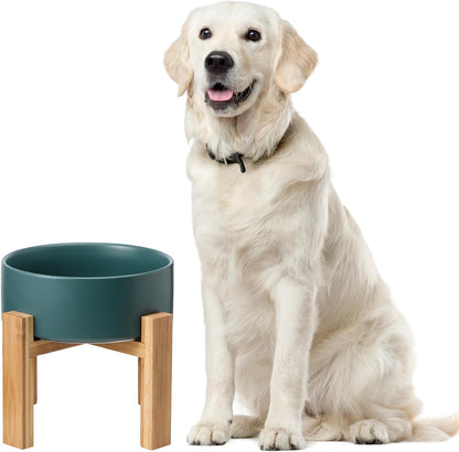 Elevated Ceramic Cat Bowl - Cat Food Bowl with Bamboo Stand - Raised Dog Dish for Puppies - Anti Vomiting, Stress Free - 13.5 oz / 400 ml - White