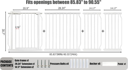 24-29 Inch Narrow Baby Gate, Pressure Mounted No Drilling Dog Gate for Stairs & Doorways, White Metal Safety Gate Indoor for Kids and Pets