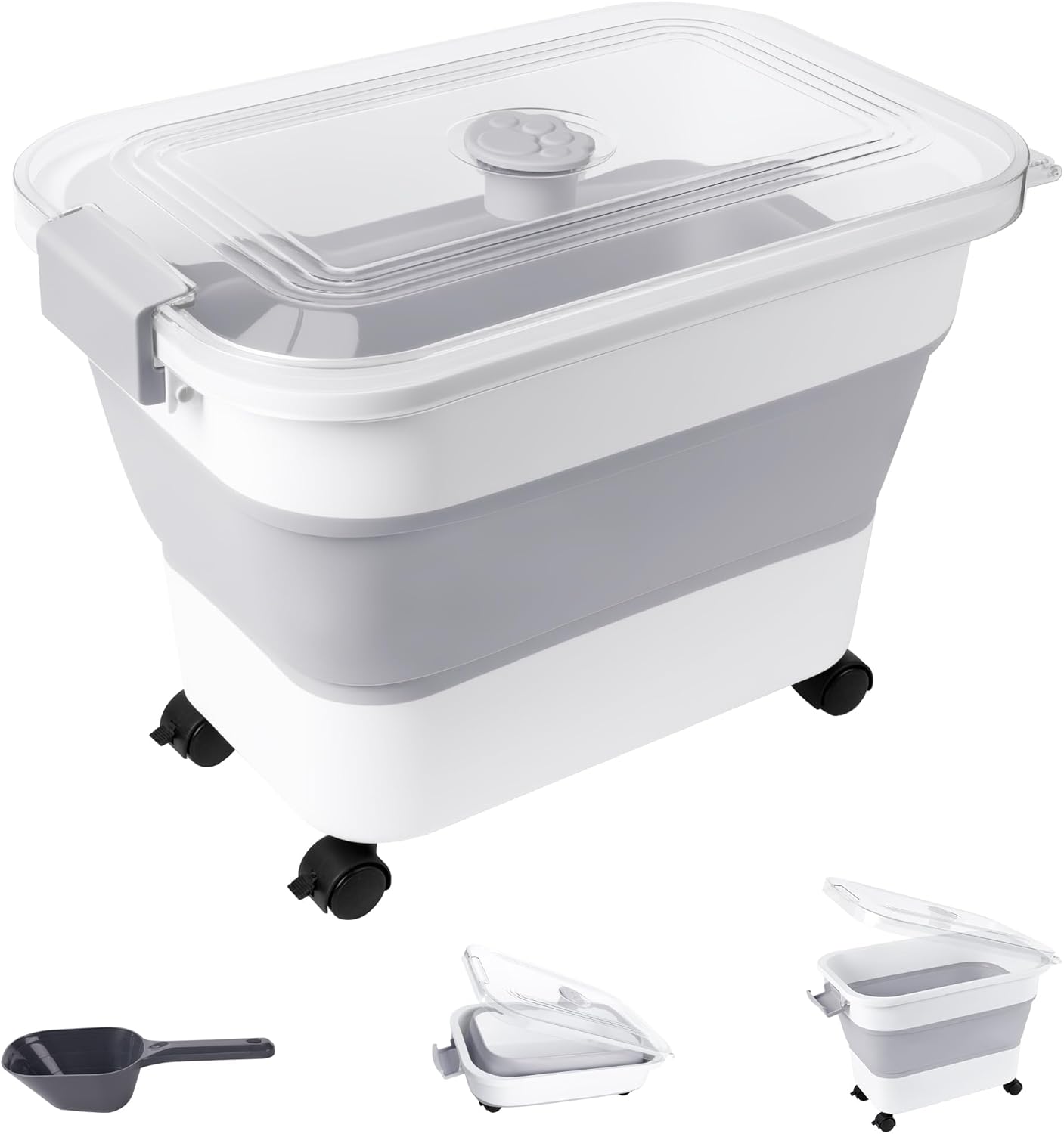 Dog Food Storage Container 30-40lbs, Airtight Pet Food Bin with Locking Lid & Clear Window, Collapsible Rolling Storage Container with Wheels & Scoop, Gray