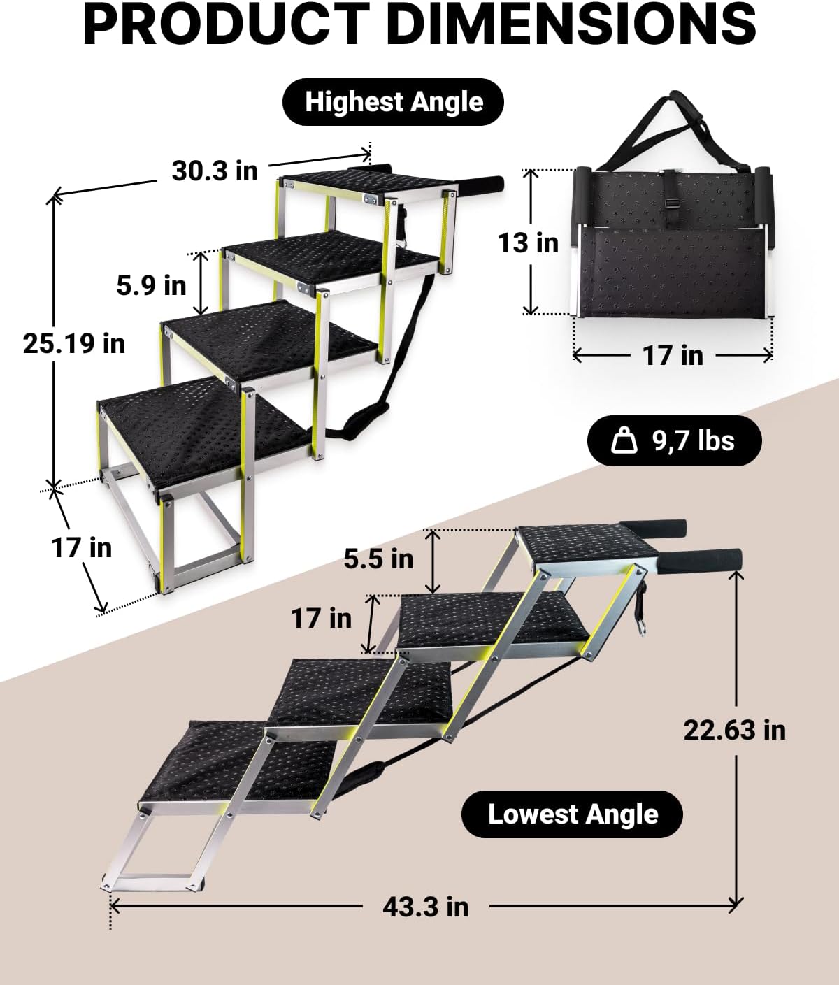 Owleys Dog Stairs for Large Dogs and Small - Glow in The Dark Marking - Car Ramps for Large Dogs up to 180 lbs - Non-Slip Surface - Foldable Dog Ramp for All Cars 4 Steps