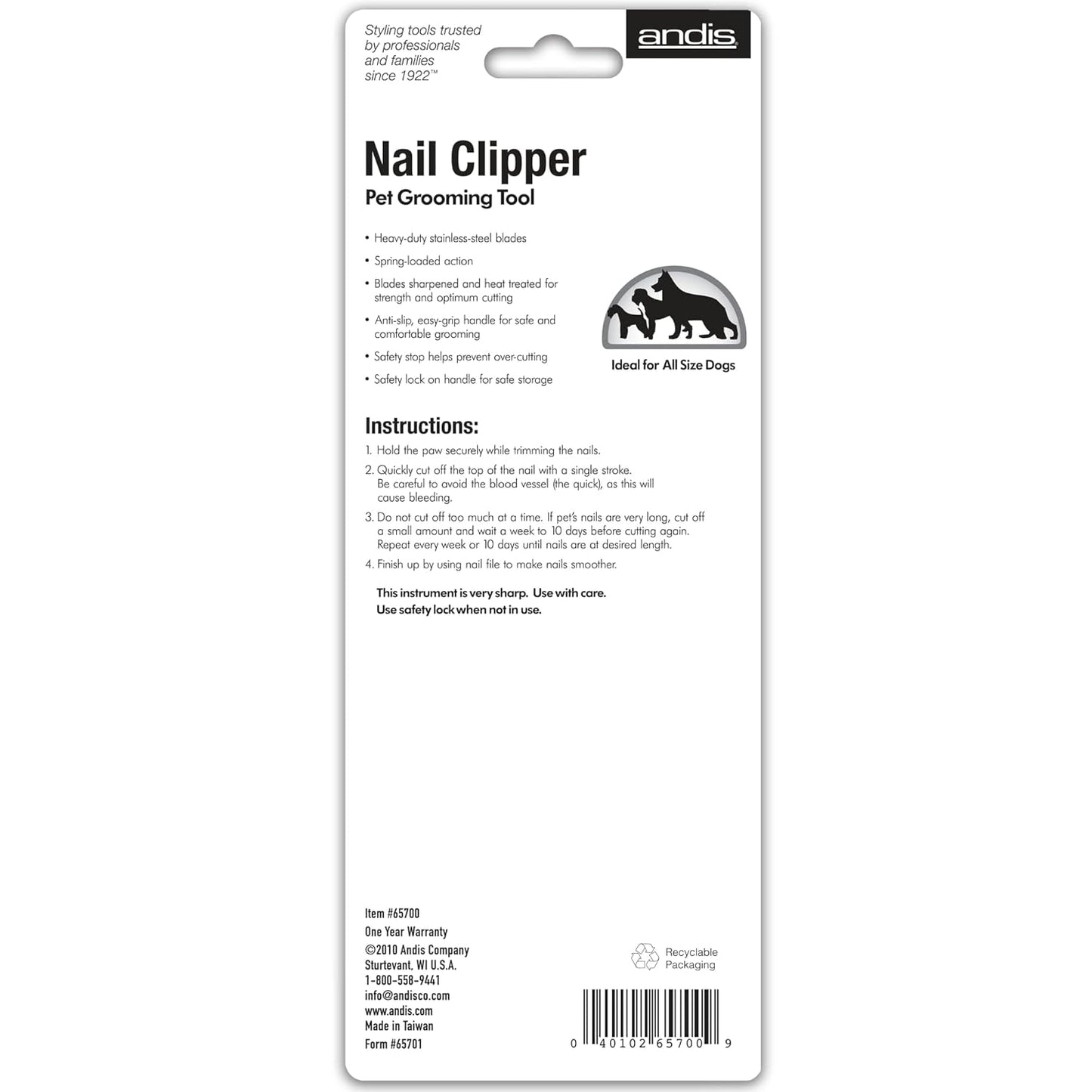 Andis 68575 Animal Nail Cutter for Small Breeds - Stainless Steel Blades with Sharp Efficiency - Designed for Repeated Use & Recommended by Pet Trainers – Medium Size & White/Green