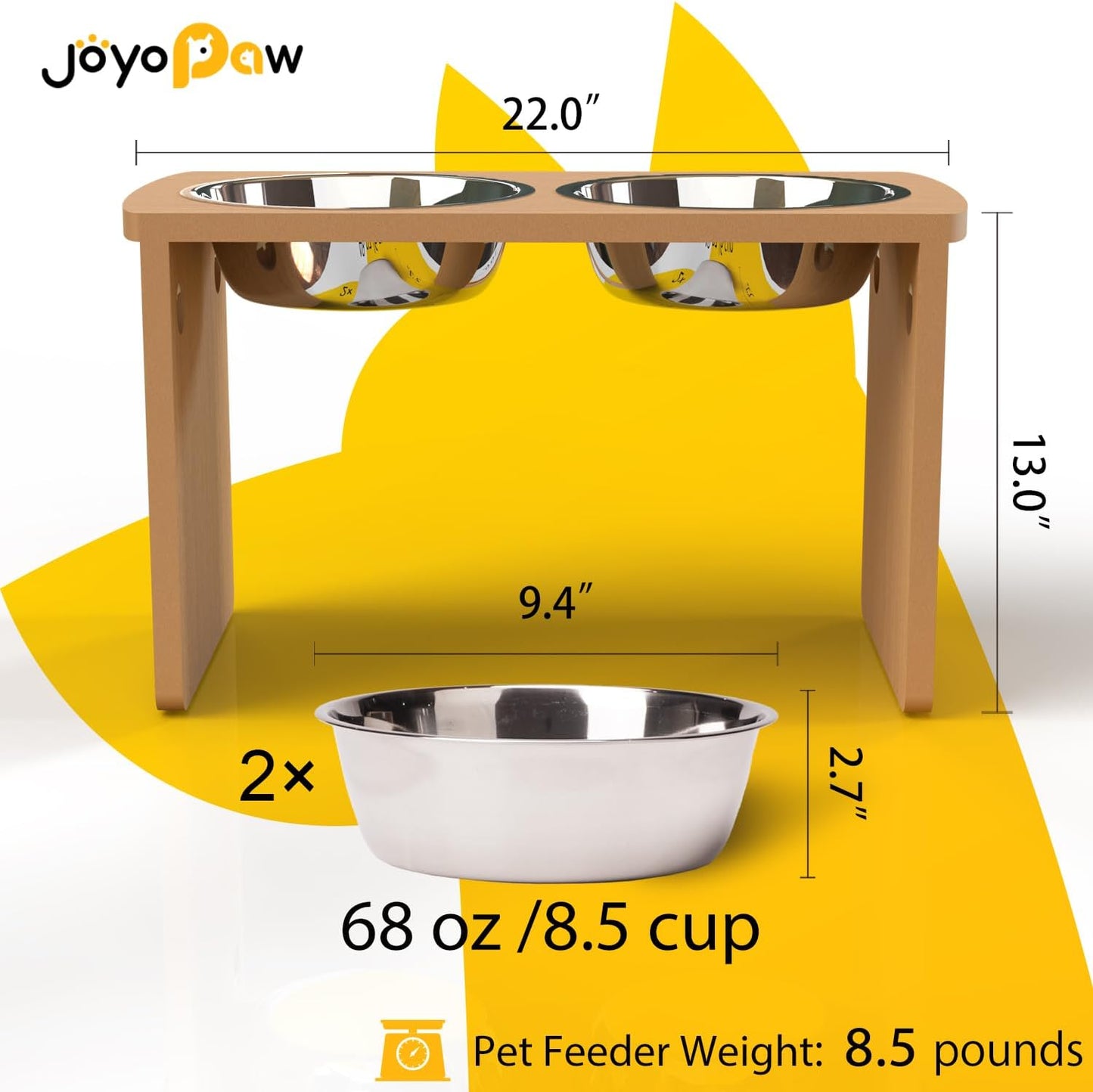 Elevated Dog Bowls, Bamboo Raised Dog Bowl for Medium Dogs, with 2 Stainless Steel Bowls (7'' Tall-40 oz Bowl)