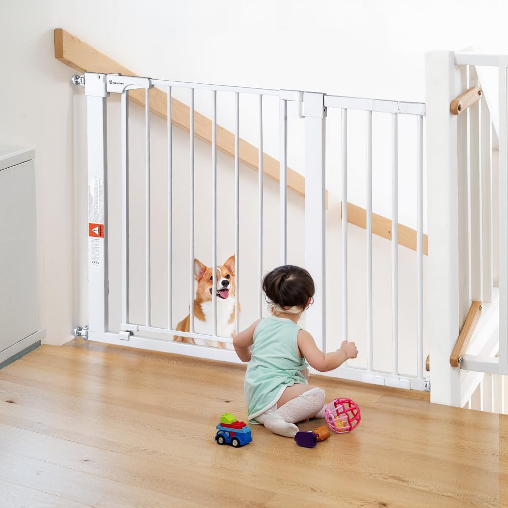 COMOMY 29.5-43.3" Safety Baby Gate Extra Wide, Auto Close Dog Gate for House Doorways Stairs, Pressure Mounted Easy Walk Through Pet Gate Child Gate, Includes 2.75" and 8.25" Extension, Black