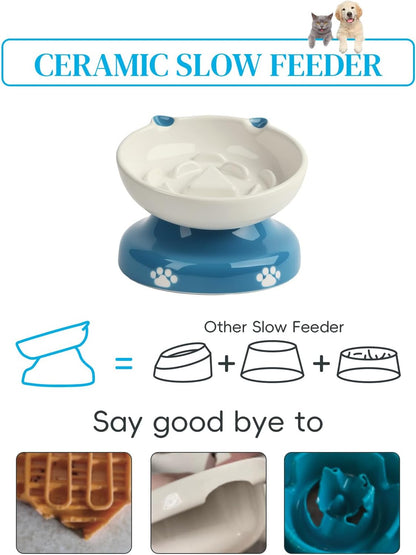 Y YHY Ceramic Cat Slow Feeder, Elevated Dog Food Bowl Tilted Design, Slow Feeder Bowl no Black Chin, Cat Shape for Dry and Wet Food