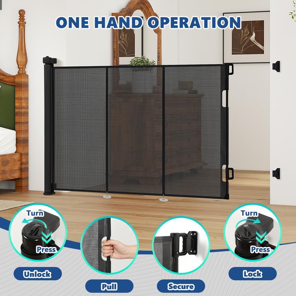 AGESISI Retractable Baby Gate Extra Wide, 149” Wide x 41” Tall Mesh Dog Gates for Stairs & Doorways, Pet Dog Fences One-Hand Operation Child Safety Gate for Indoor or Outdoor, Easy Installation, Black