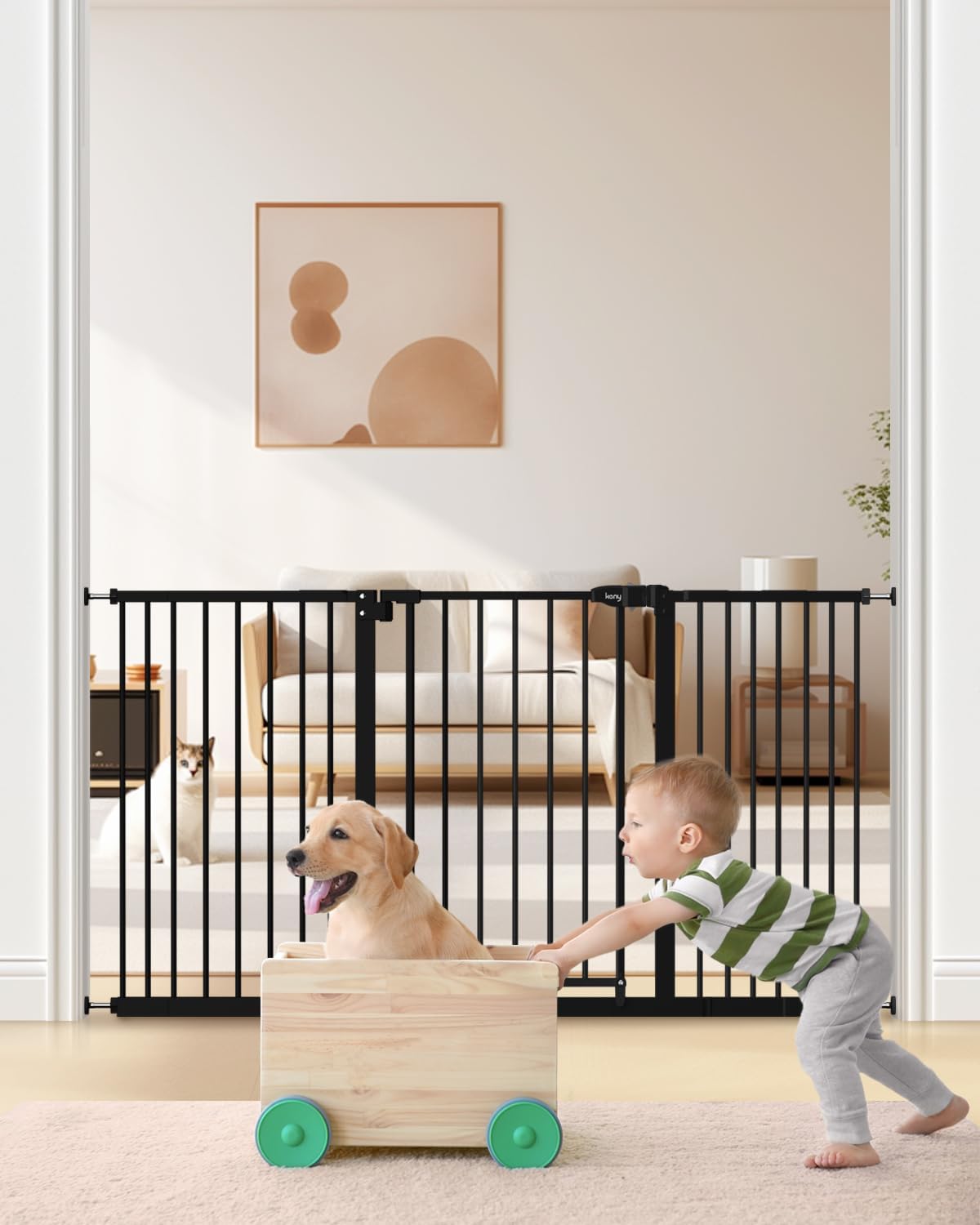 keny 29"-42.5" Baby Gate for Stairs, Auto Close Safety Dog Gate, Pressure Mounted Easy Walk Through Pet Gate for Doorways, Durable Stair Gate, 30" Tall, White
