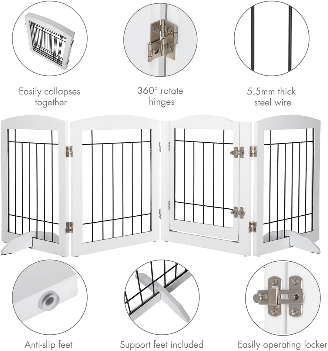 PAWLAND Free Standing Dog Gates for The House Stairs Doorways Indoor Foldable Wooden Small White Puppy Pet Gate Step Over Fence 60" W 24" H 3 Panels