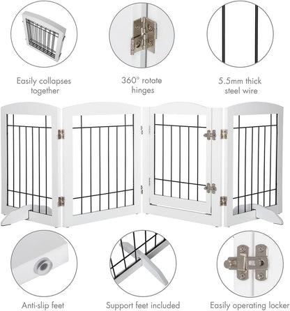 PAWLAND Free Standing Dog Gates for The House Stairs Doorways Indoor Foldable Wooden Small White Puppy Pet Gate Step Over Fence 60" W 24" H 3 Panels