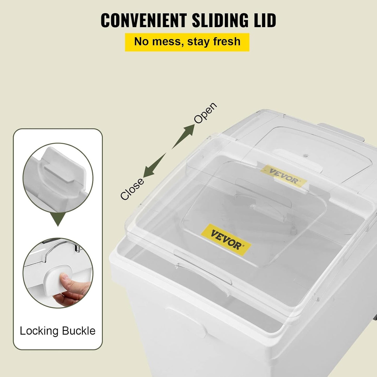 VEVOR Rice Storage Container, 4.5Gallon/20L Capacity Large Dog Food Dispenser Bin, Kitchen Ingredient Grain Cereal Flour Bin, Pet food Containers with Wheels, Measuring Cup, Airtight Lid, 1 Pack