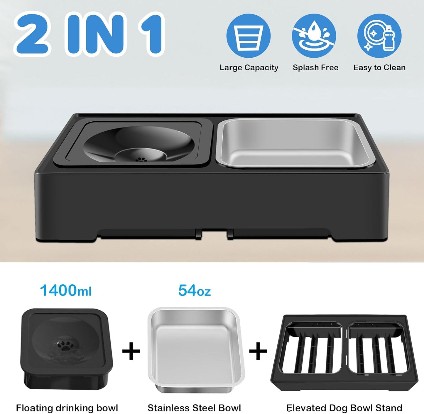 2-in-1 Elevated Slow Feeder Dog Bowls, 4 Height Adjustable Raised Dog Bowls Stand with No Spill Water Bowl, Non-Skid Pet Food Feeding Set for Small, Medium, Large Dogs Cats