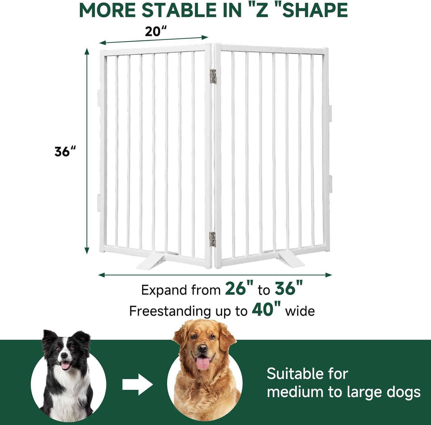 Snagle Paw Full Metal Freestanding Dog Gate,Indoor Dog Gate with Floor Protect Support Feet, 40x24 Inches Foldable Dogs Barrier for Stairs, Hallways and Doorways (24'' H 2 Panel, White
