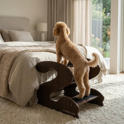 Wooden Dog Stairs Steps for Bed,3Steps,Small or Senior Dogs for Pet LUNDERLAND Design,16¾"Wx23¼Dx19⅜H RedWalnutWood GrainPattern