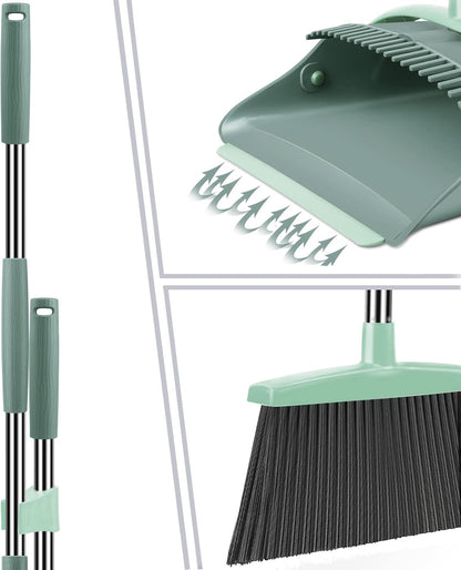 Ivandar Broom with Dustpan Combo Set, 50.6 inch Long Handle, Upright Standing Broom and Dustpan Set Quiet Cleaning Tool Sweep the Floor Dust pan Removes 4 Times More Pet Hair(Brown and Gray)