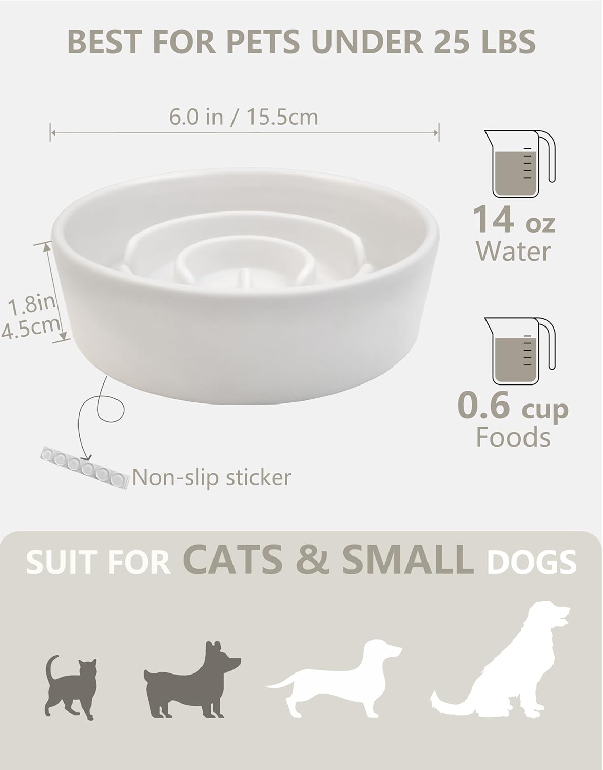 Ceramic Slow Feeder Dog Bowls, 2.0 Cups Slow Feeder for Medium Dogs, Puzzle Maze Bowl to Slow Down Eating, 30oz, 8in, White