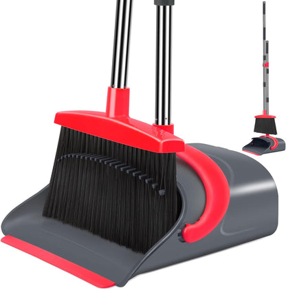 Ivandar Broom with Dustpan Combo Set, 50.6 inch Long Handle, Upright Standing Broom and Dustpan Set Quiet Cleaning Tool Sweep the Floor Dust pan Removes 4 Times More Pet Hair(Brown and Gray)