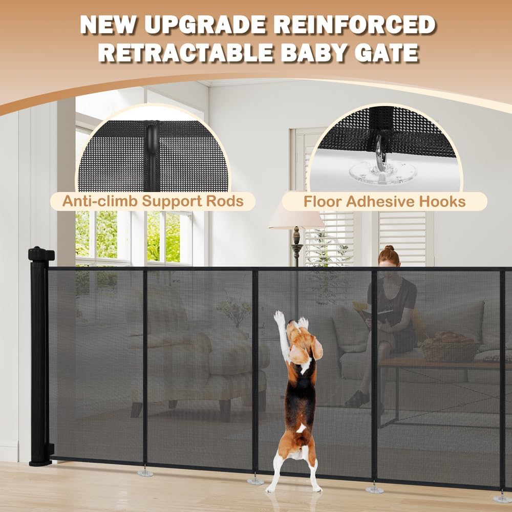SMONTER Extra Wide Retractable Dog Gates, Mesh Baby Gate with Support Rods Extend to 118" Wide 33" Tall, Portable Safety Retractable Gate for Stairs, Indoor/Outdoor, Black