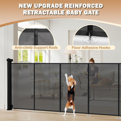 SMONTER Extra Wide Retractable Dog Gates, Mesh Baby Gate with Support Rods Extend to 118" Wide 33" Tall, Portable Safety Retractable Gate for Stairs, Indoor/Outdoor, Black