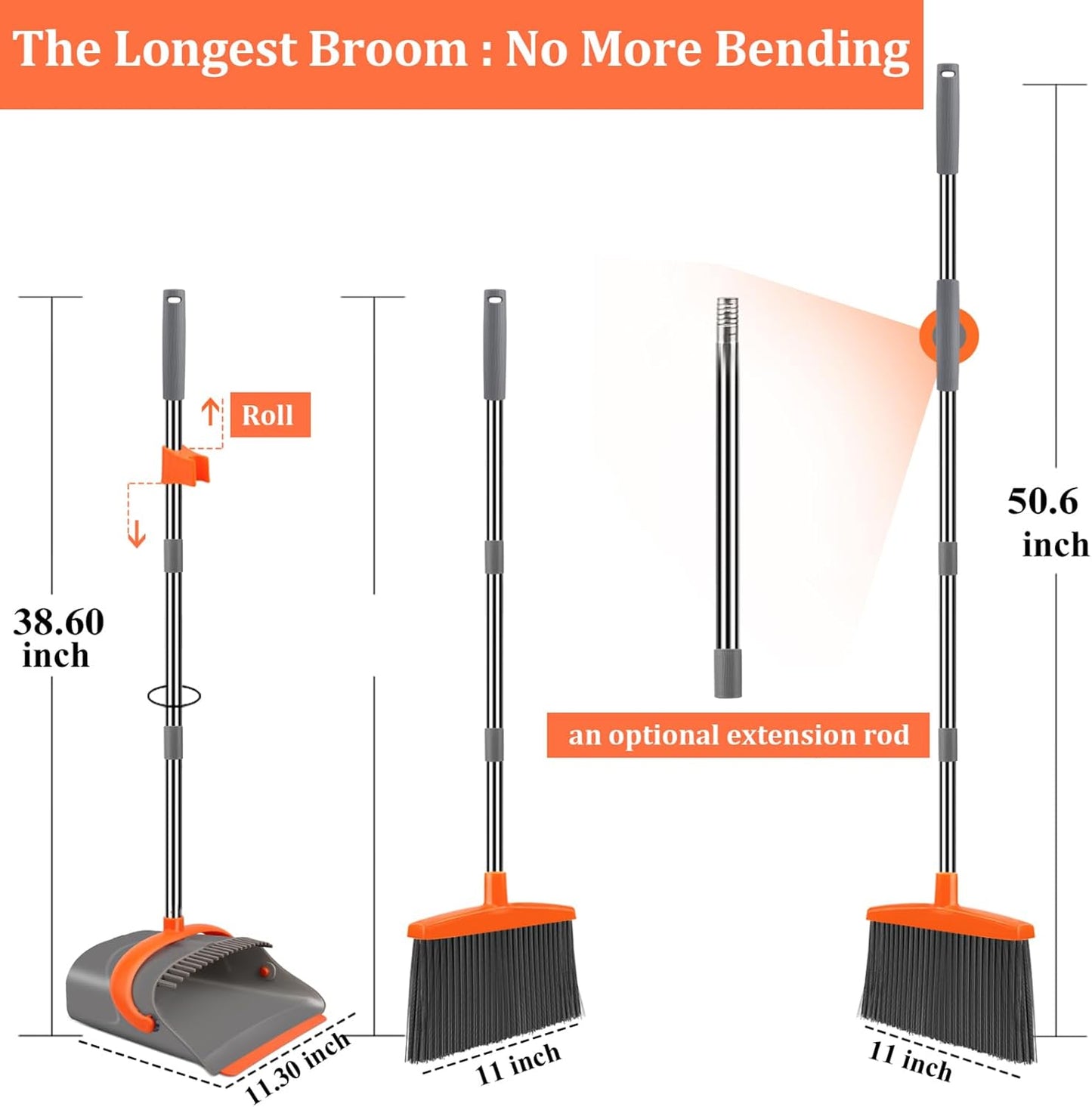 Ivandar Broom with Dustpan Combo Set, 50.6 inch Long Handle, Upright Standing Broom and Dustpan Set Quiet Cleaning Tool Sweep the Floor Dust pan Removes 4 Times More Pet Hair(Brown and Gray)