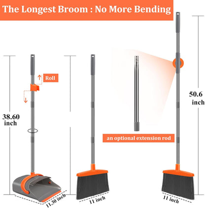 Ivandar Broom with Dustpan Combo Set, 50.6 inch Long Handle, Upright Standing Broom and Dustpan Set Quiet Cleaning Tool Sweep the Floor Dust pan Removes 4 Times More Pet Hair(Brown and Gray)