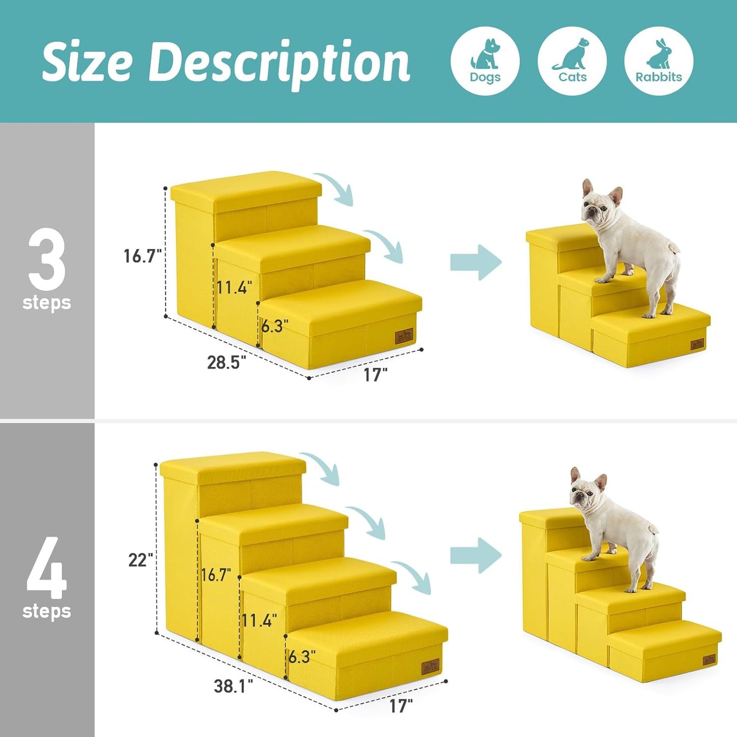 Dog Stairs with Storage, 4-Step Wider Sturdy Dog Steps for Small/Medium/Large Dogs and Older Cats, Folding Doggie Ramp for Bed/Couch/Car Hold Up to 180 lbs (22" H, Brown)