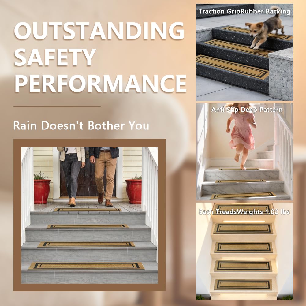 Outdoor Stair Treads for Wooden Steps, Non-Slip Rubber Brown Stair Runner Rugs, 6 Pcs 8.5" x 30" Heavy Duty Stair Mats for Outside Steps, Weatherproof Grip for Elders, Dogs & Kids, Black Border.