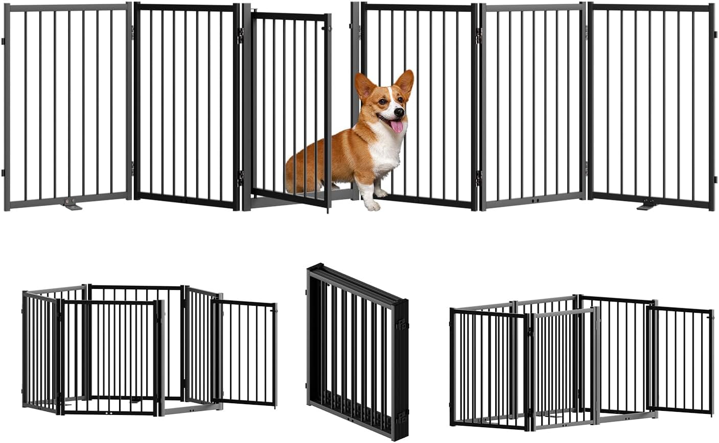SNUOWU Full Metal Freestanding Dog Gate with Door, 32''Height Foldable Pet Dog Fence for Indoor & Outdoor, 4 Panels Extra Wide Free Standing TallDog Gates for Doorways,House,Stairs,Porch,Deck,Yard