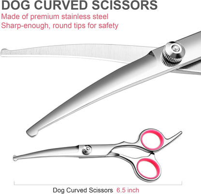 FAIGEO Dog Grooming Scissors with Safety Round Tips Stainless Steel Professional Dog Grooming Kit - Thinning, Curved Scissors and Comb for Cat Pet (Pink 4 in 1)
