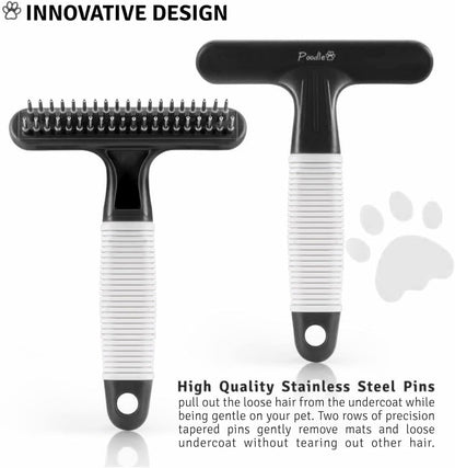 POODLIE Poodle Pet Dog Grooming Rake| Dematting Tool with Stainless Steel Shedding Comb for Pets | 2 Rows of Pins Gently Remove Loose or Tangled Hair from Undercoat | Purple Handle