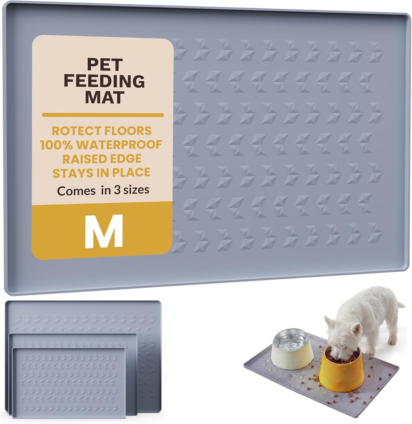 Silicone Pet Feeding Mat - 100% Waterproof Dog & Cat Bowl Pad with Raised Edges - Protects Floors from Messy Eaters & Spills - Anti-Slip, 100% PET-Safe, Dishwasher Safe (Grey 18.5"x11.5")