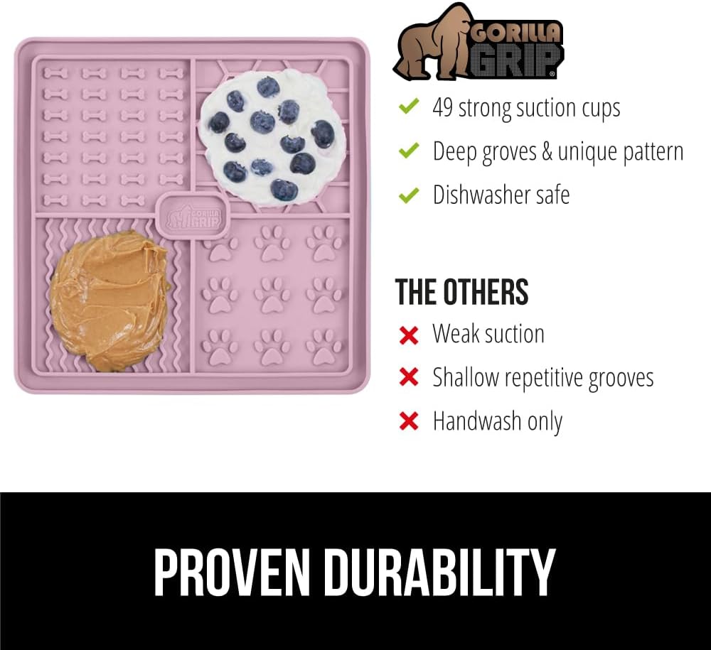GORILLA GRIP BPA Free Silicone Lick Mat for Dogs, 49 Powerful Grip Suction Cups, Dishwasher and Freezer Safe Flexible Licking Pad for Dog Baths, Cat Grooming, Nail Trimming, Turquoise Pink Blue 3 Pack