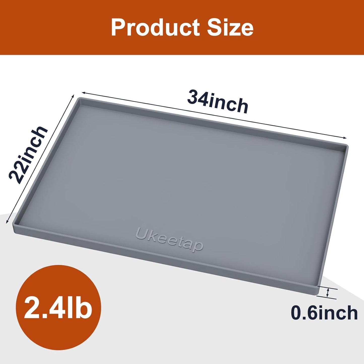 ukeetap Extra Thick Silicone Mat Waterproof with Raised Edge 19” x 12”, BPA Free Non-Slip Dog & Cat Food Mat, Feeding Mat for Food and Water Bowls, Spill Proof Mat to Protect Floors, Gray